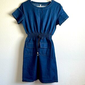 Women’s Short Sleeve Stretch Denim Dress - Dark Denim Blue